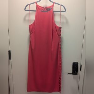 Badgley Mischka Watermelon Pink Midi Cocktail Dress w Side Button Detail Size 8